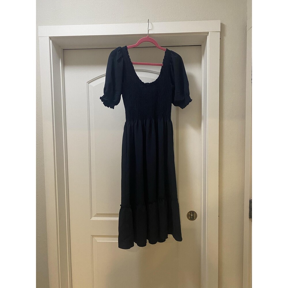 Hill House The Louisa Nap Dress Womens XS Black Smocked Puff Sleeve Midi Ruffle - Picture 4 of 4